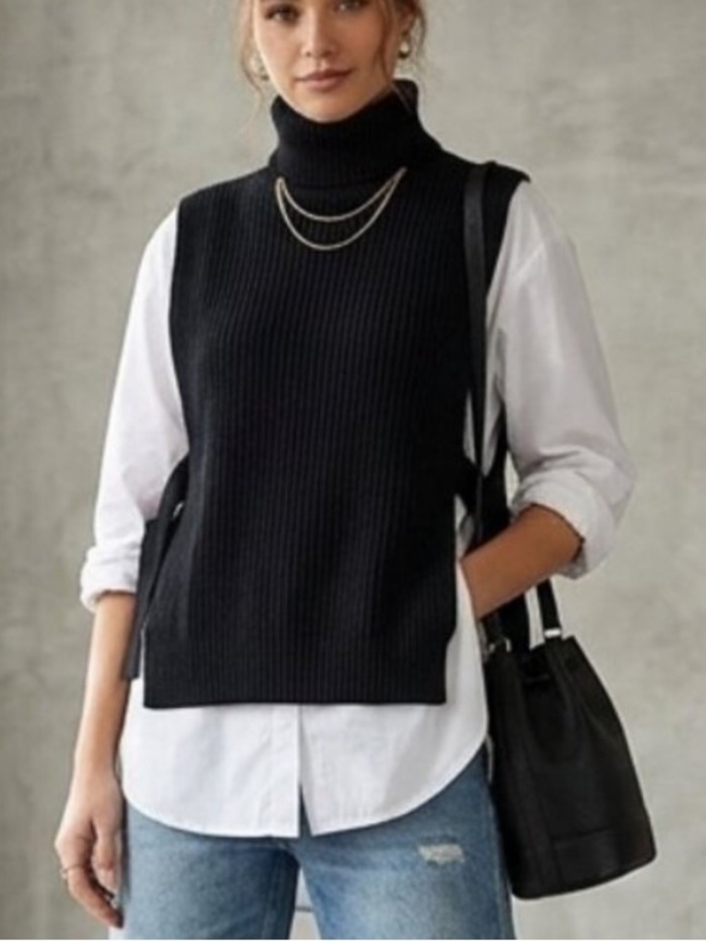 Anthropologie Black Ribbed Sleeveless Turtleneck Vest One Size 39014